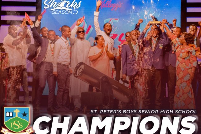 St. Peter’s SHS lifts The Sharks Season 5 Golden trophy.
